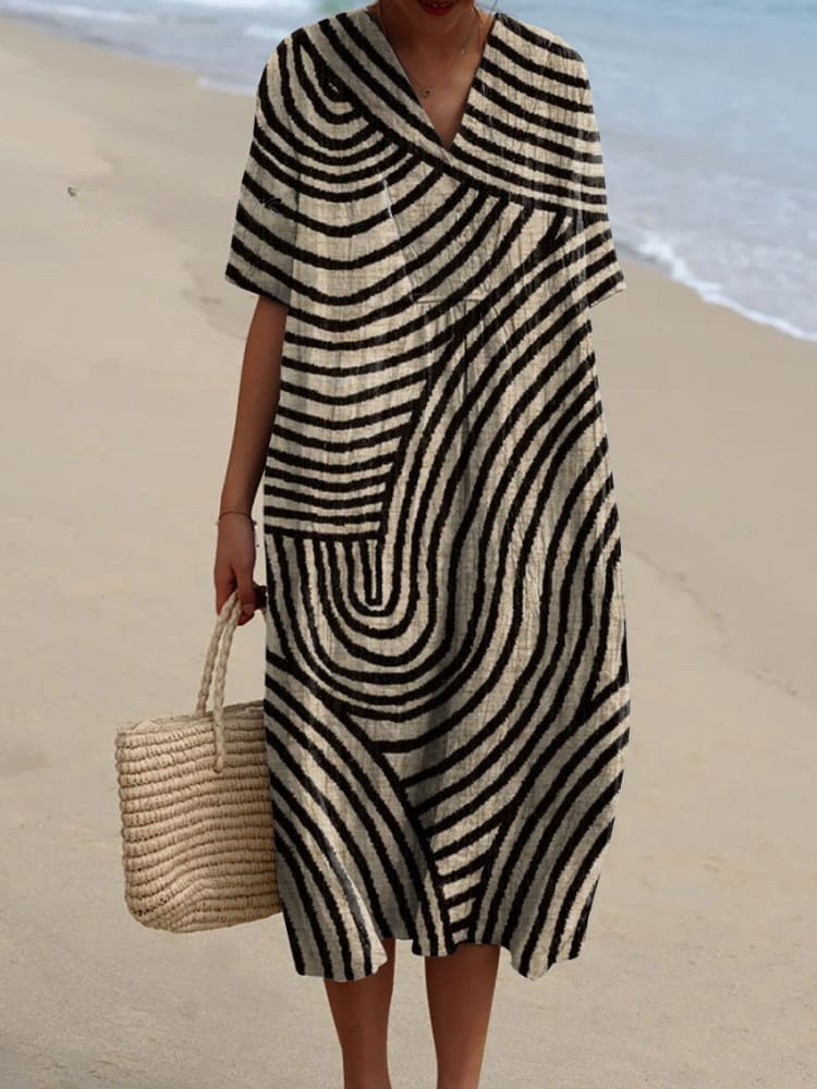 Women's Geometric Hand Drawn Circle Line Pattern Print Flowy Linen Dress