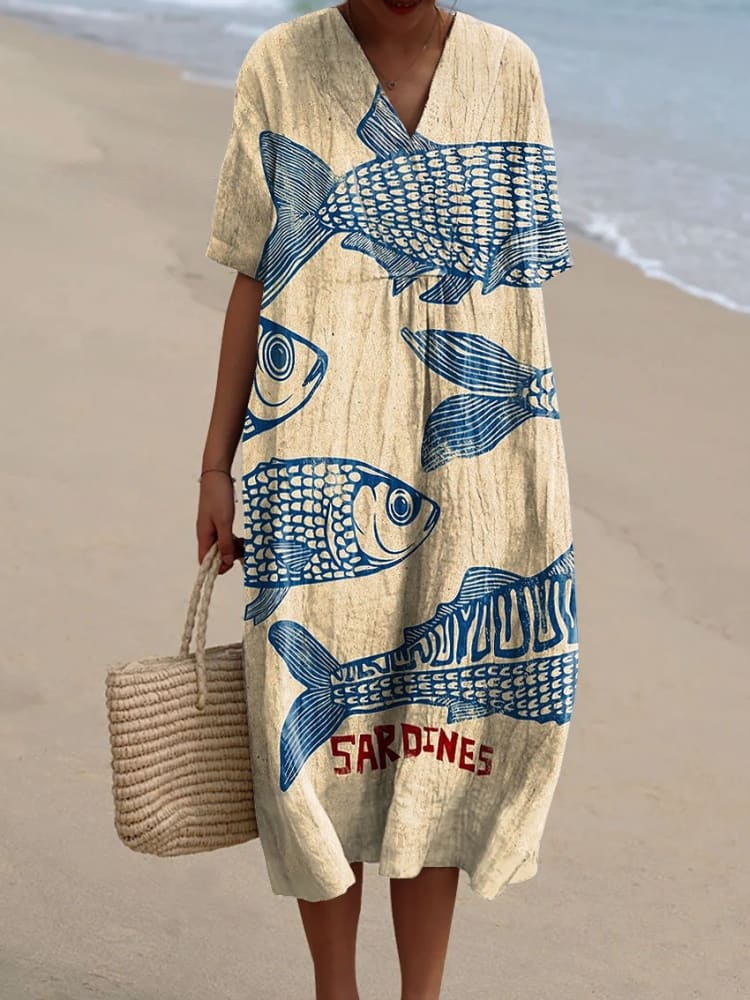 Women's Vintage Fish Sardines Art Print Flowy Linen Dress