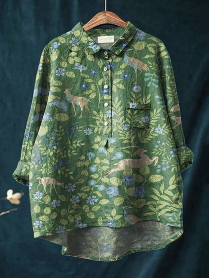 Women's Vintage Floral Animals Art Print Casual  Shirt