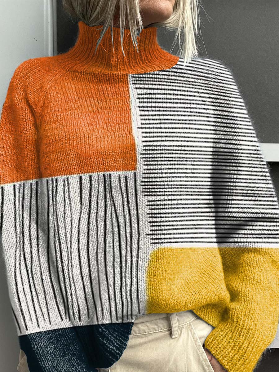 Color Block and Line Decorative Pattern Knit Turtleneck Pullover Sweater