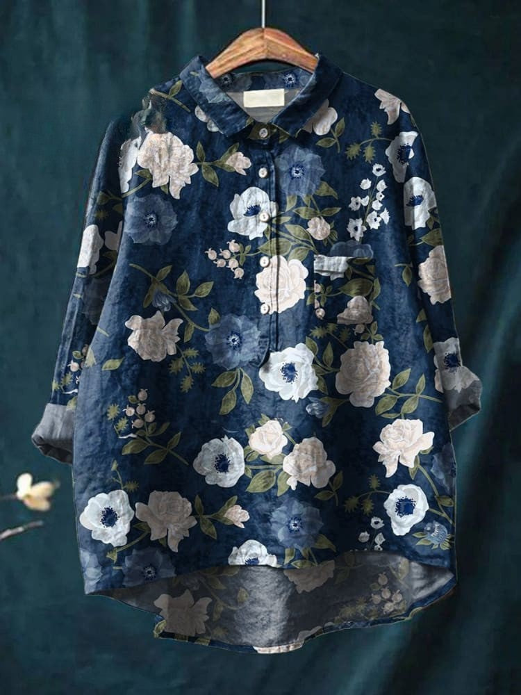 Women's Floral Art Print Casual  Linen Shirt
