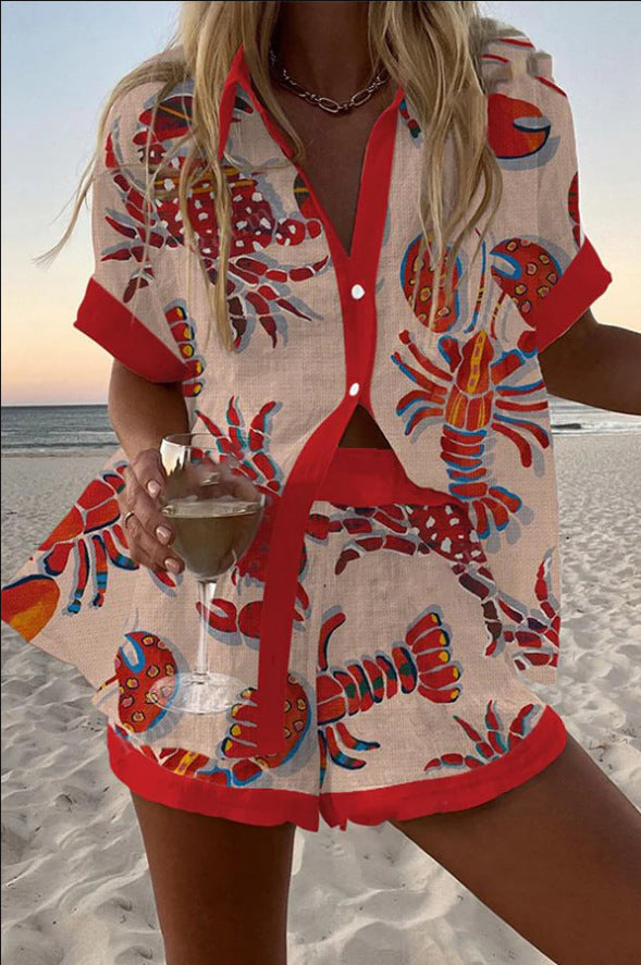 Daphira - Linen Short Set with Lobster Print