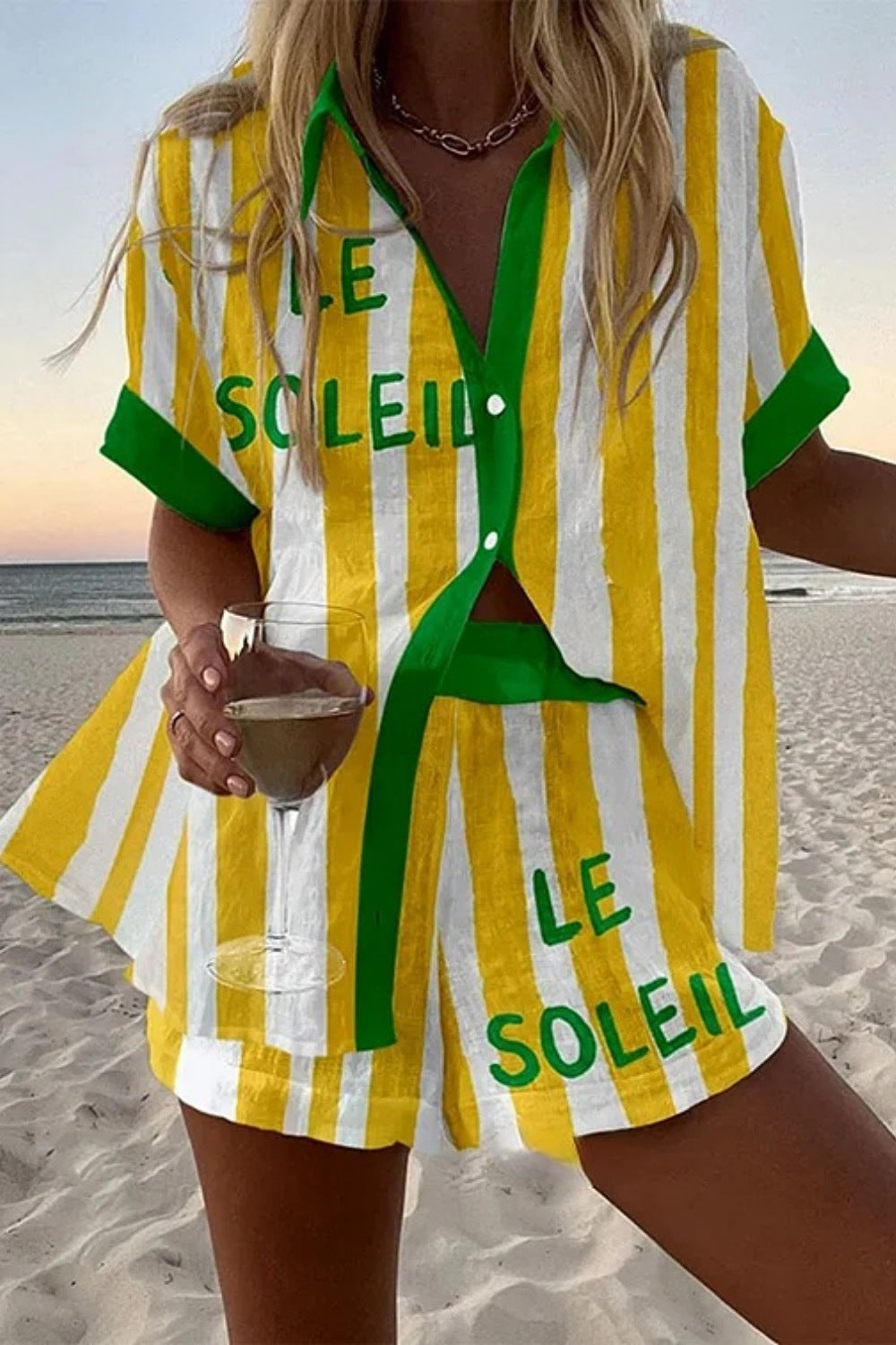 Halora - Linen Short Set in Yellow Stripes