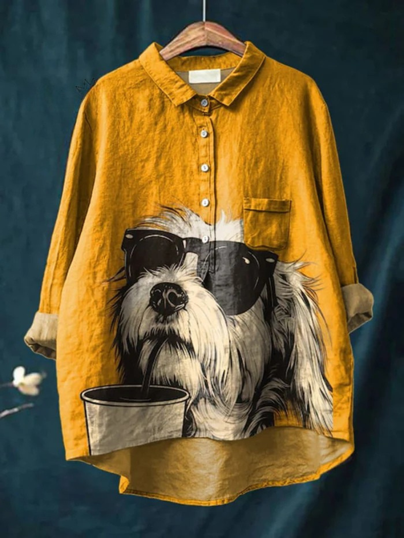 Cute Animal Sunglasses Coffee Dog Art Animal Vintage Print Casual Shirt