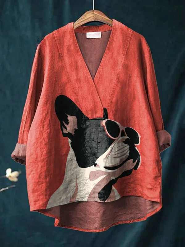Decorative Pattern of French Bulldog Wearing Sunglasses On Red Background Casual  V-neck Shirt