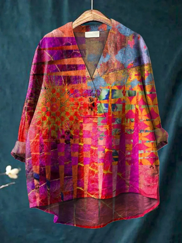 Colorful Geometric Pattern Printed Women's Casual  V-neck Shirt