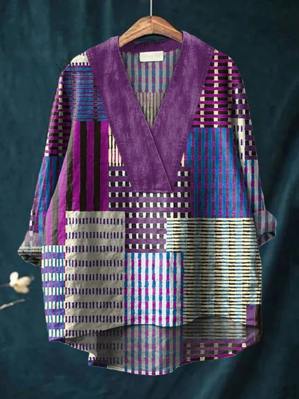 Japanese Style Geometric Pattern Printed Women's Casual  V-neck Shirt