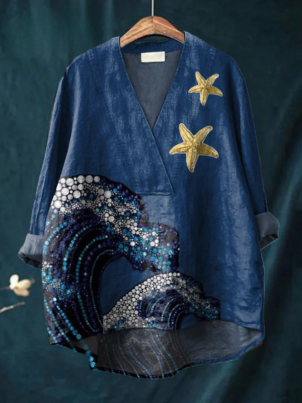 Embroidery Style Japanese Sea Wave Art Printed Women's Casual V-neck Shirt