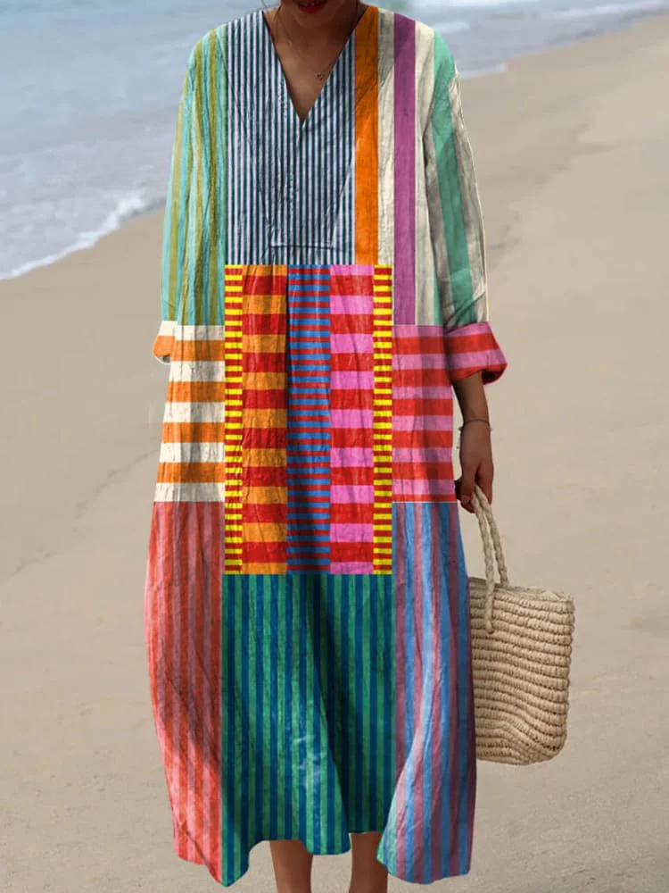 Women's Vintage Geometric Pattern Art Print Linen Dress