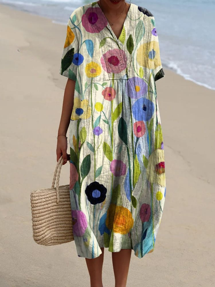 Oil Painting Spring Field Art Printed Women's Flowy Linen Dress