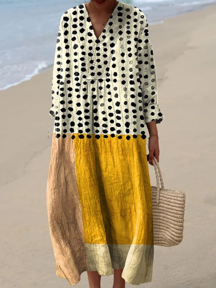 Women's Yellow Color-blocked Dots Art Watercolor Splash Fluid Art Print Flowy Linen Dress