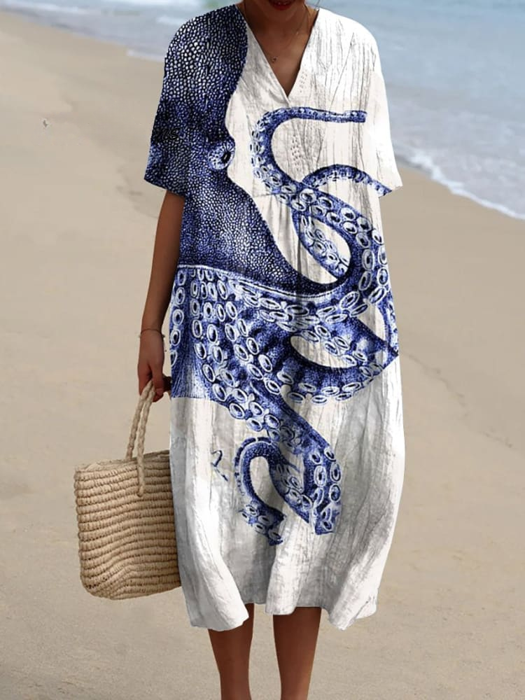 Women's Octopus Art Print Casual Linen Dress