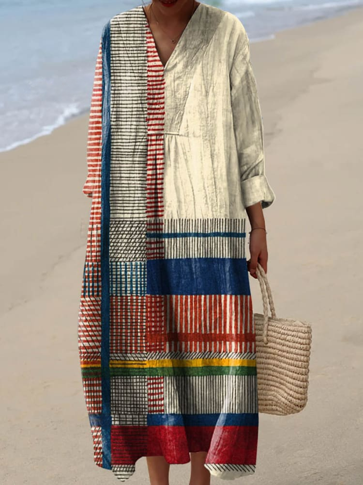 Women's Vintage Geometric Line Art Print Linen Dress
