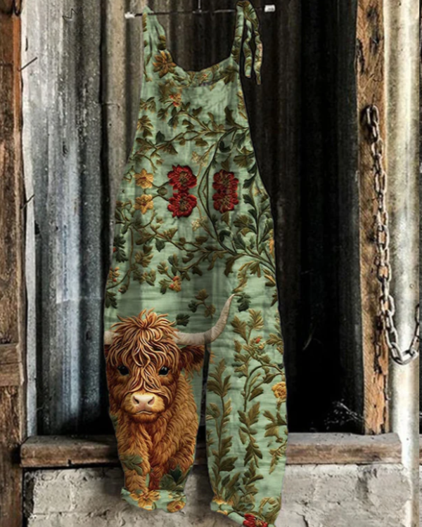 Highland Cow Floral Embroidery Pattern Jumpsuit