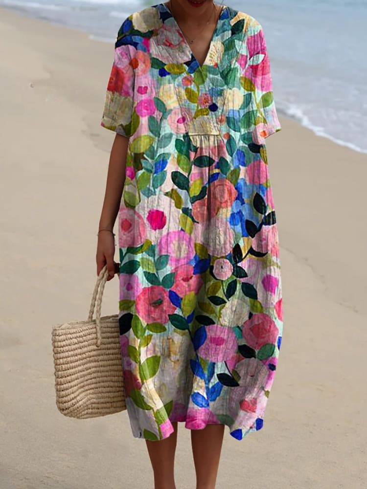 Colorful Spring Floral Garden Printed Women's Flowy Linen Dress