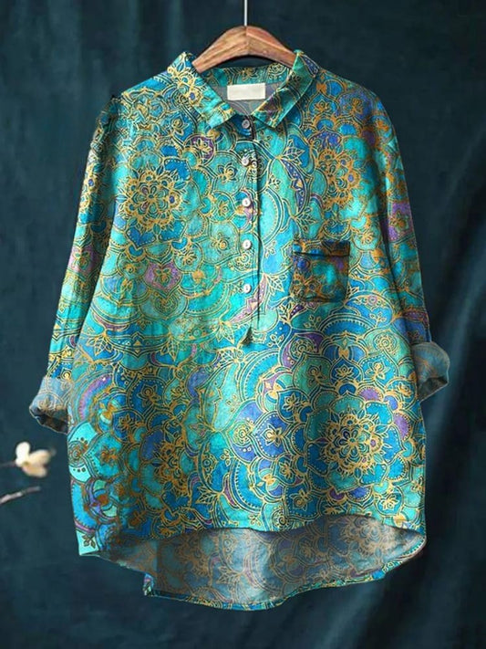 Women's Retro  Art Print Casual  Linen Shirt