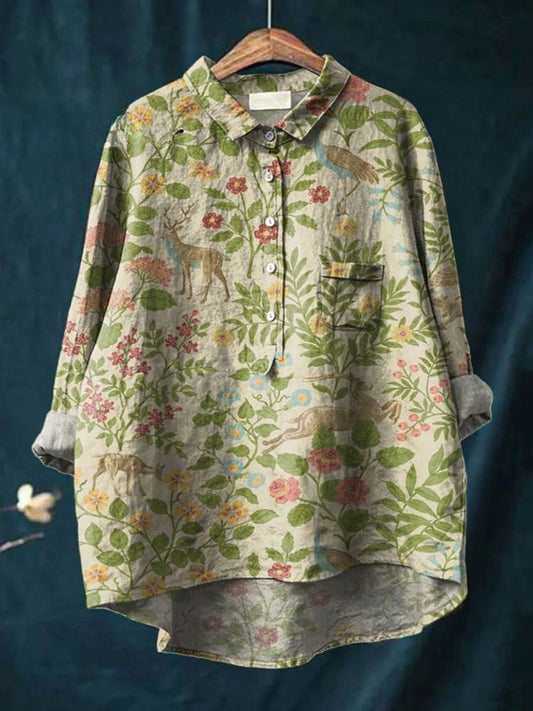 Women's Vintage Floral Animals Art Print Casual  Shirt